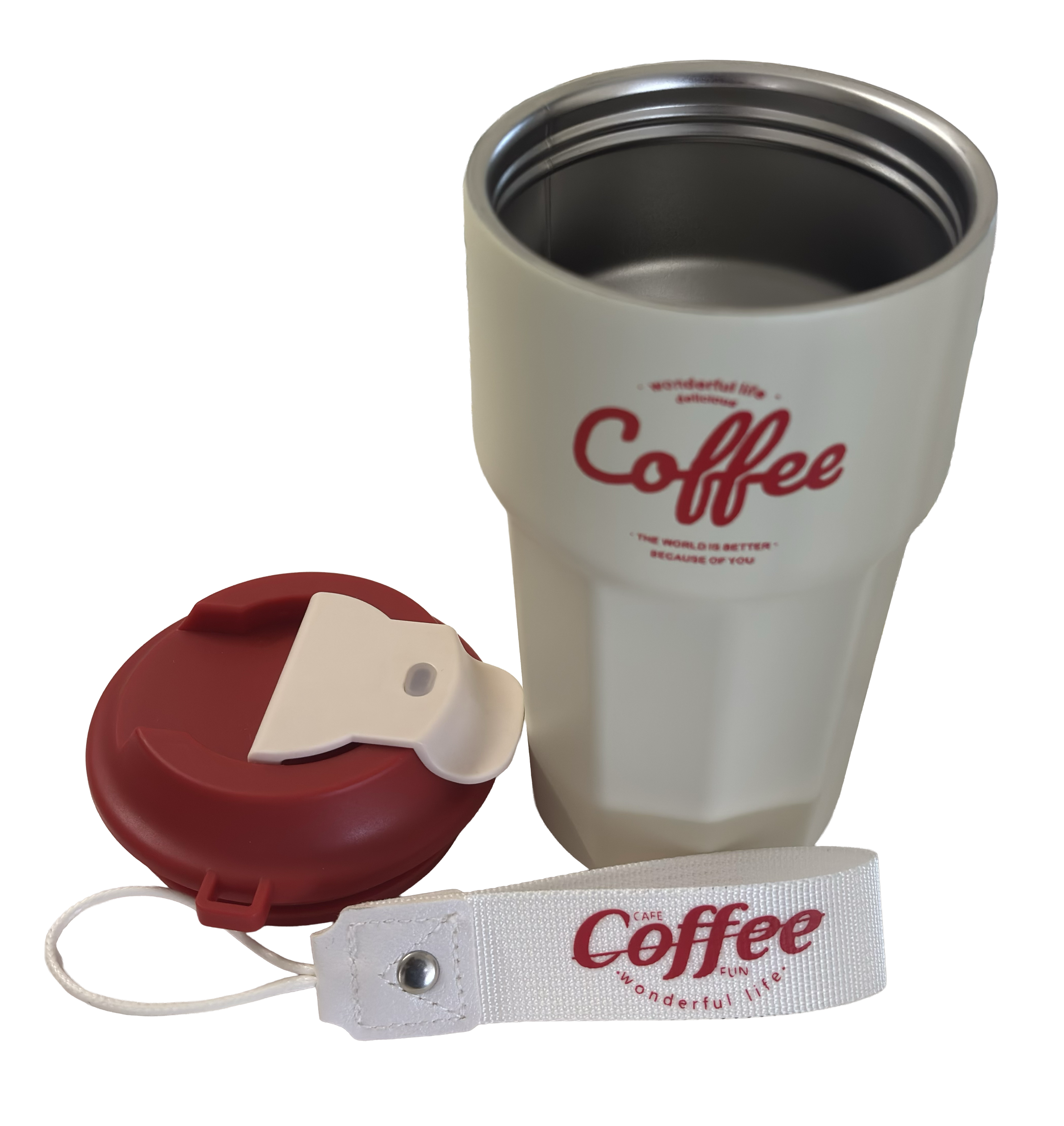 Insulated Coffee Travel Mug with Lid & Strap